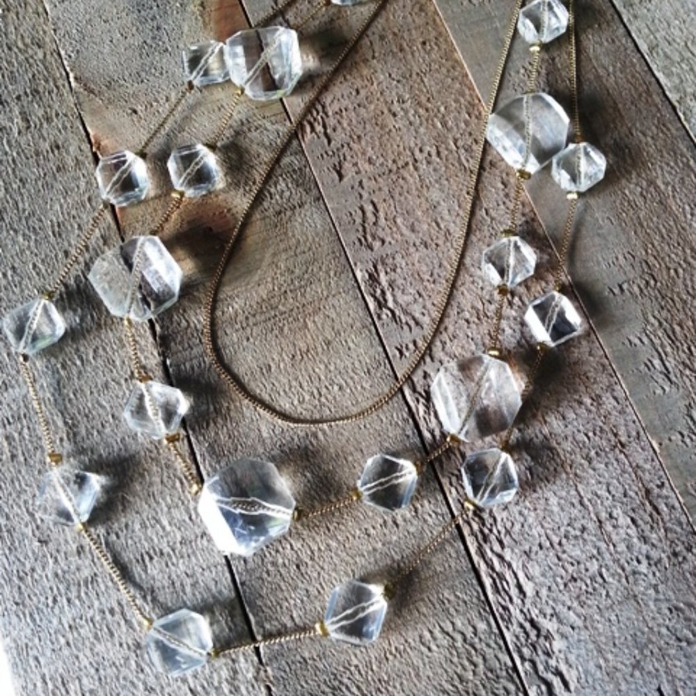 3 Tier Gold Tone Rock Crystal Cut Necklace